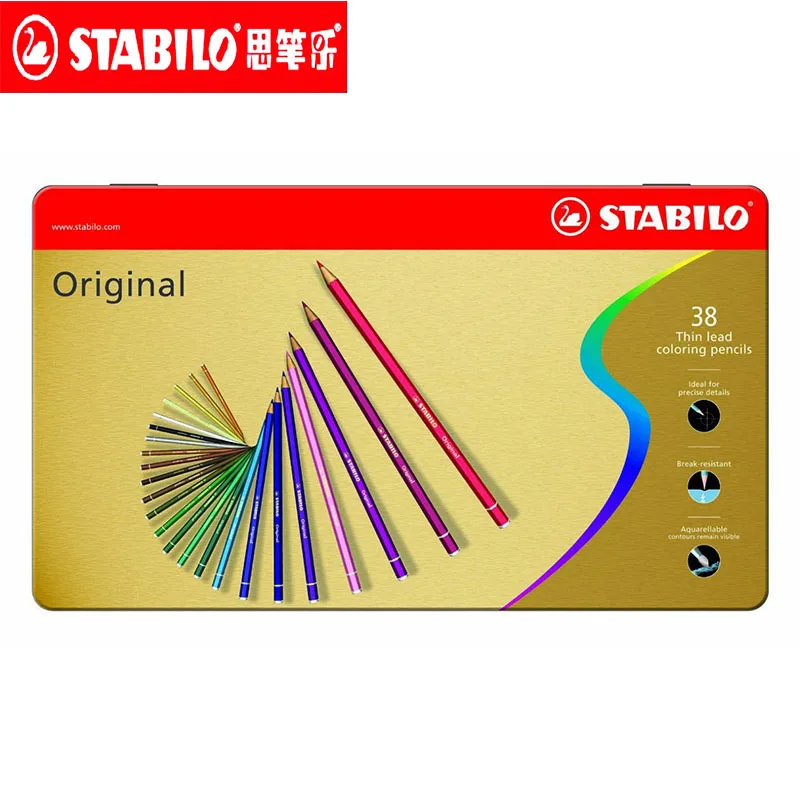 

Stabilo Original Colored Pencils 12/24/38 Colors Thin Lead Oil Based Wooden Pencils Lapis Colored for Drawing, Coloring Tin Box