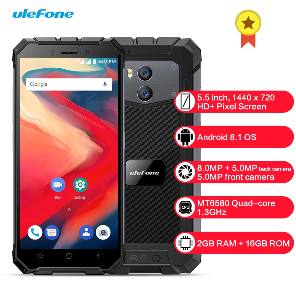 Ulefone Armor X2 3g смартфон 5 дюймов Android 8 1 MT6580 четырехъядерный 2 Гб ОЗУ 16 ПЗУ 13 0 МП + 5Мп 5500