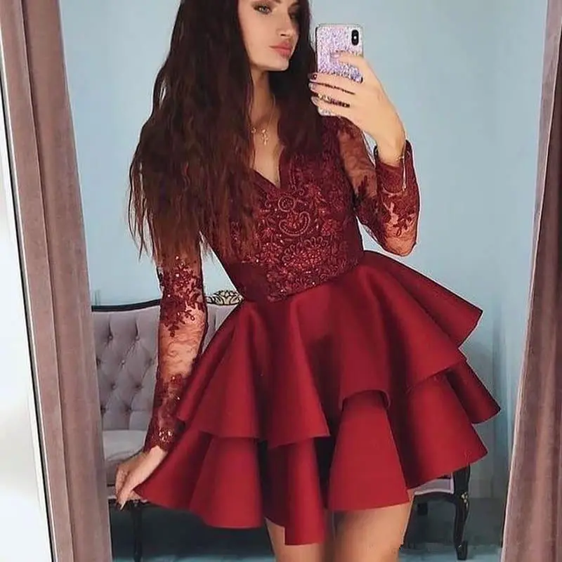 

Burgundy Lace Beaded African Party Dresses Long Sleeves Short Prom Dresses Cheap Sexy Formal Party Bridesmaid Pageant Gowns