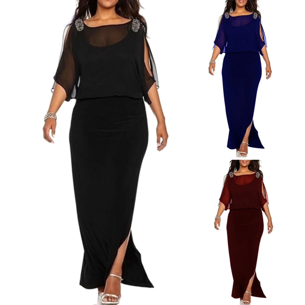 

Women Dress Solid Color Split Hem Long Maxi Dress with Mid Sleeves Plus Size TT@88