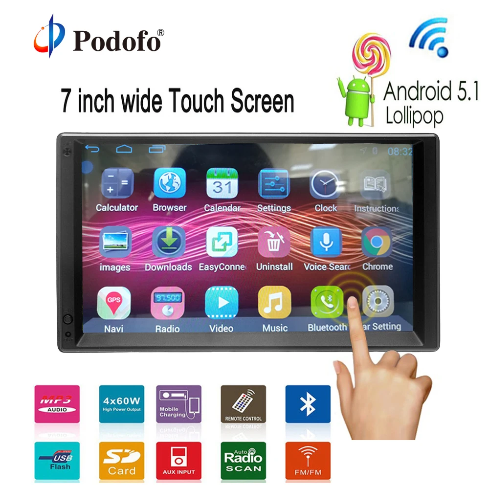 

Podofo 2 DIN Android 5.1 Autoradio Bluetooth 1080P Car Android GPS Navigation Player Car Stereo MP5 Touch Screen Support 3G WIFI