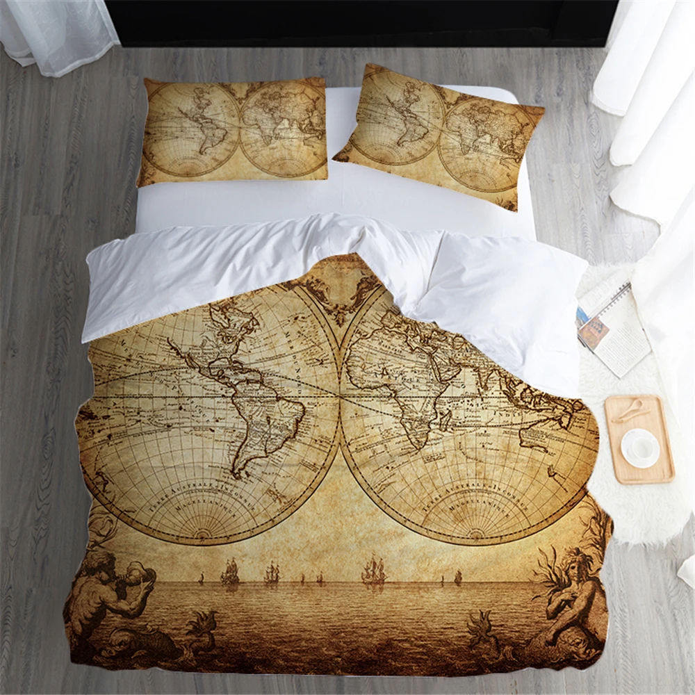 

3D Bedding Set Retro Map Print Duvet cover set bedclothes with pillowcase bed set home Textiles US/AU bedding set 3pcs TJ-22