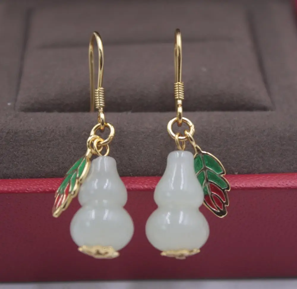 

Pure S925 Silver & Hetian Jade Earrings Dangle Women Gold Plating Gourd Leaf Earrings Hook 32mmL