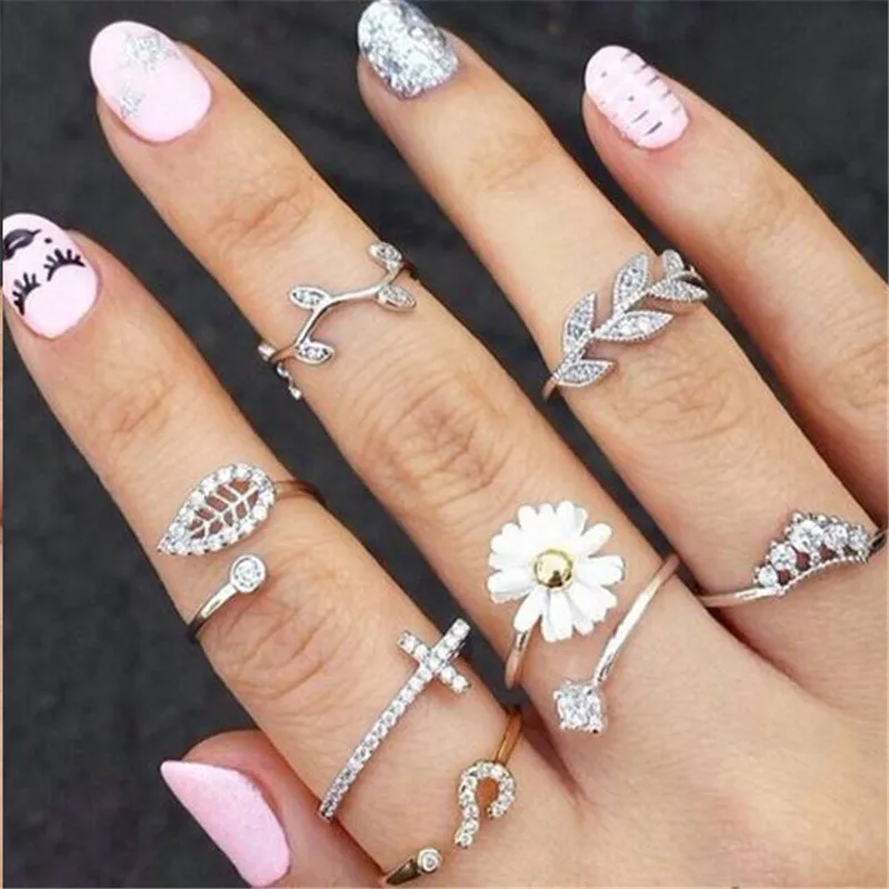 

2018 Hot Crystal 3pcsset Leaf Crown Cross Knuckle Finger Rhinestone Rings set women Wedding Accessory Gift Jewelry Dropshipping