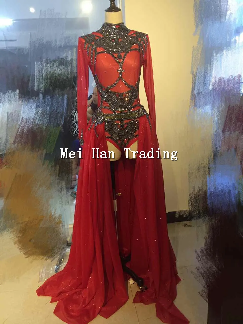 

Red Halloween Outfit Bodysuit Long Skirt Clothing Set Female Singer Party Show Shining Wear Stage Rhinestone Costume