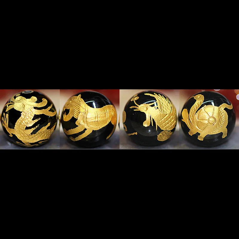 

8-14mm 4pcs Natural Round Black Agates Beads Gold Carved Dragon Turtle Tiger Phoenix Beads For Jewelry Making Beads Accessories