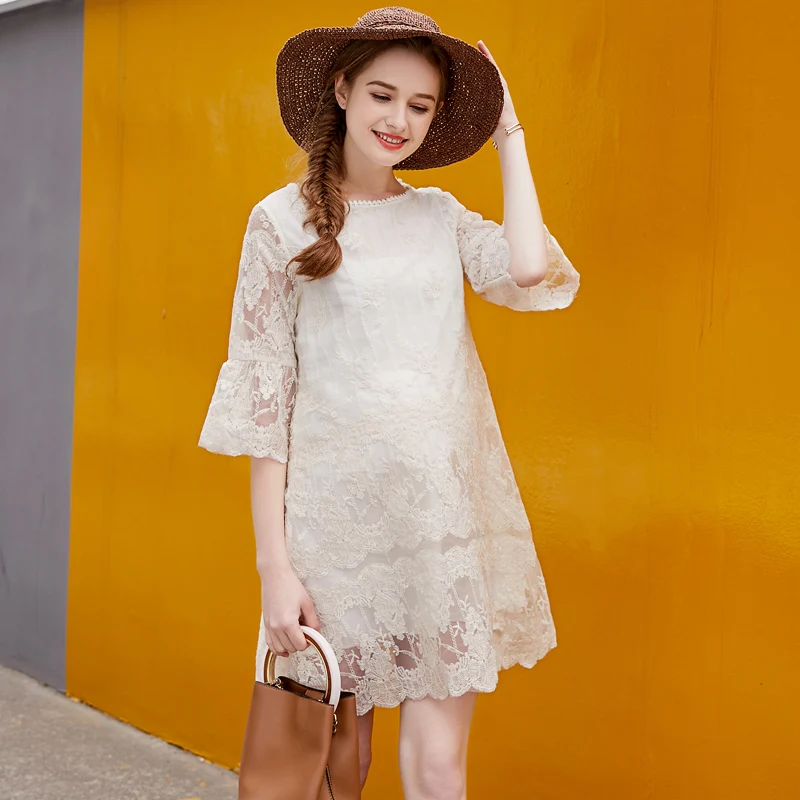 Europe New 2018 Summer Pregnant Women Fashion Loose Half Flare Sleeve Organza Lace Patchwork Dress Maternity Cute Hot Dresses Europe New 2018 Summer Pregnant Women Fashion Loose Half Flare Sleeve Organza Lace Patchwork Dress Maternity Cute Hot Dresses