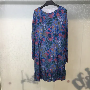 

Print Dress for Women Long Sleeve A-line O-neck Shirt Dress for lady 2018 New High Quality Silk Women Dress