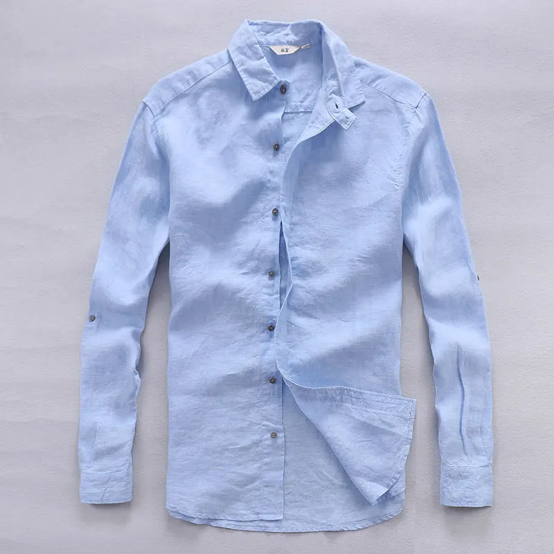 Italy designer pure linen shirts men summer long sleeve men shirt solid ...