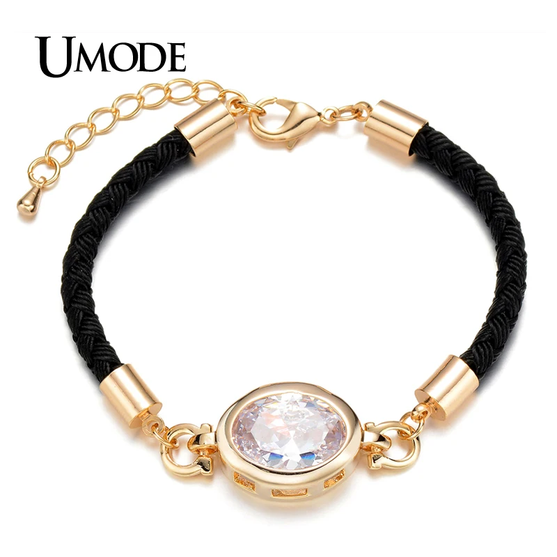 

UMODE Cubic Zirconia Black Genuine Leather Bracelet Oval Cut Rope Chain Vintage Bracelets Bangles Jewelry For Women UB0093