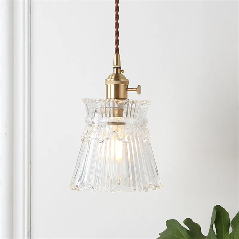 

American Loft Style Pure Brass Glass Droplight Vintage LED Pendant Light Fixtures Creative Single Hanging Lamp Home Lighting