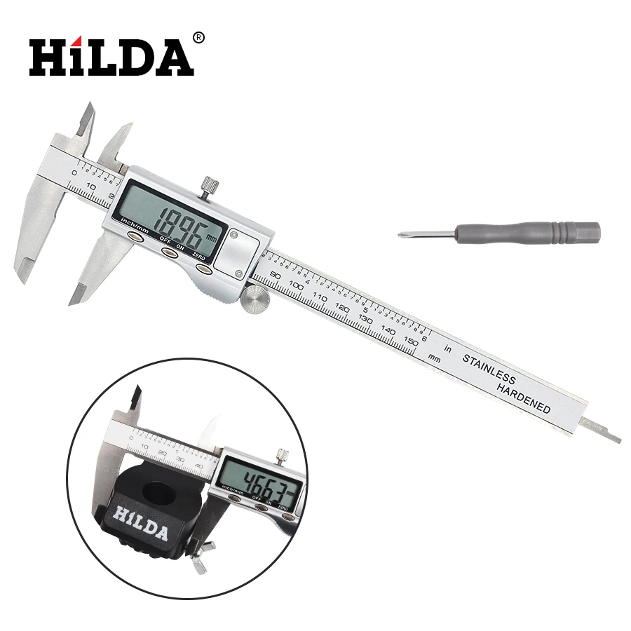 Цифровой штангенциркуль HILDA 0-150 мм/" из нержавеющей стали, металлический цифровой штангенциркуль, электронный Верньер микрометр штангенциркуль, измерительные инструменты