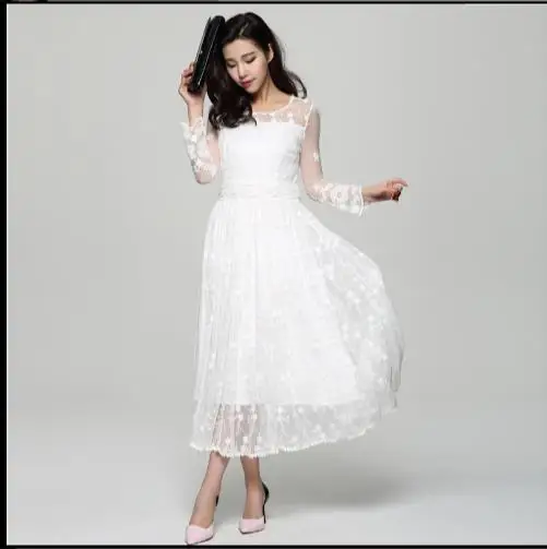 

2019 Embroidered Midi Long White Holidays Beach Dress Women Summer White Lace Dress Chiffon Lace Dress Z861