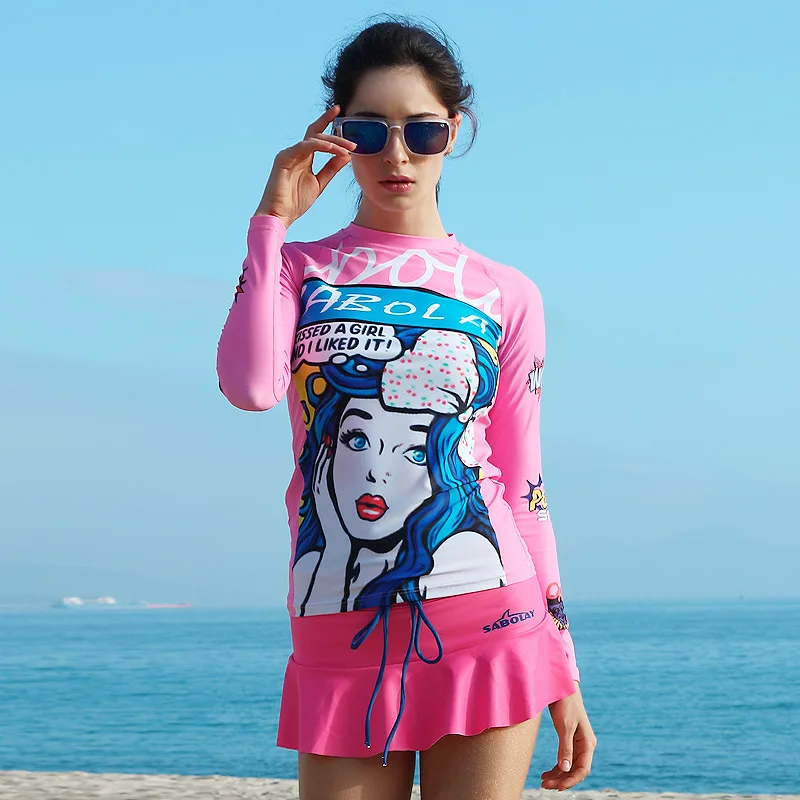 SABOLAY женская рашгард рубашки Защита от солнца; серфинг быстросохнущая одежда костюм юбка женская пляжная одежда костюм Защита Медузы солнце - Цвет: tops and skirts