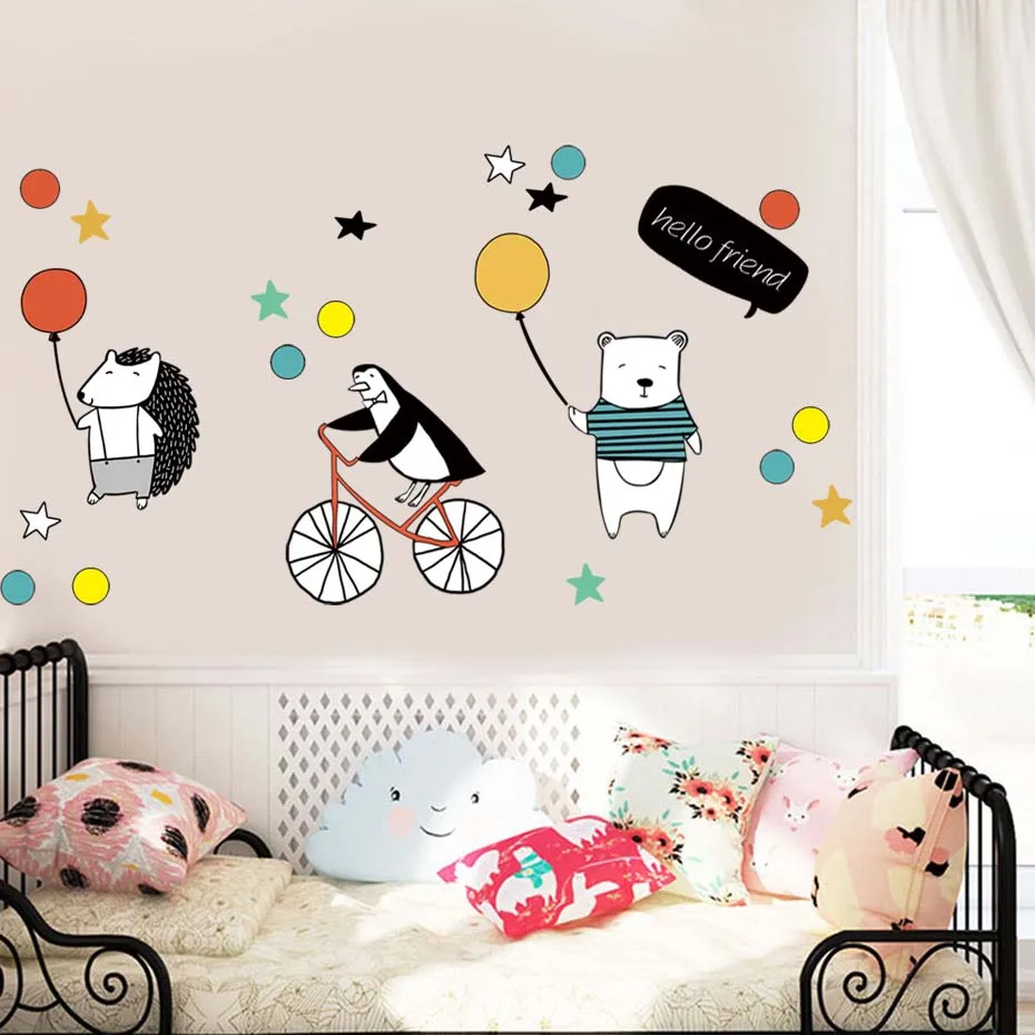 Bear Hedgehog & Penguin Greeting Wall Stickers Hello Friends Quote Decals Cartoon Animals With Balloon Kids Room Home Decora Art (4)