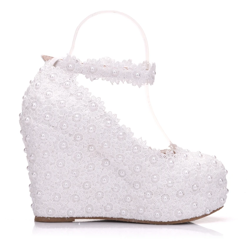 2019 new White Wedges Wedding Pumps Sweet White Flower Lace Pearl Platform Pump Shoes Bride Dress High Heels