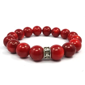 

12mm Red Coral Beads Tibetan Buddhism Bracelet Men Six Words Mantra OM MANI PADME HUM 925 Sterling Silver Amulet Beads Bracelet