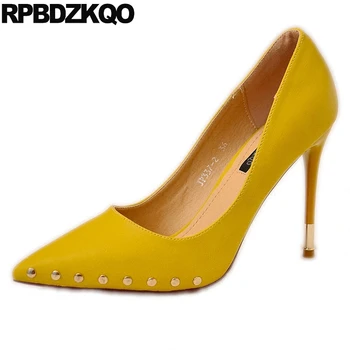 

Sexy Pumps Metal Super High Heels Scarpin Women Pointed Toe Yellow Elegant Ladies Shoes Ultra Size 4 34 Stud Evening Footwear