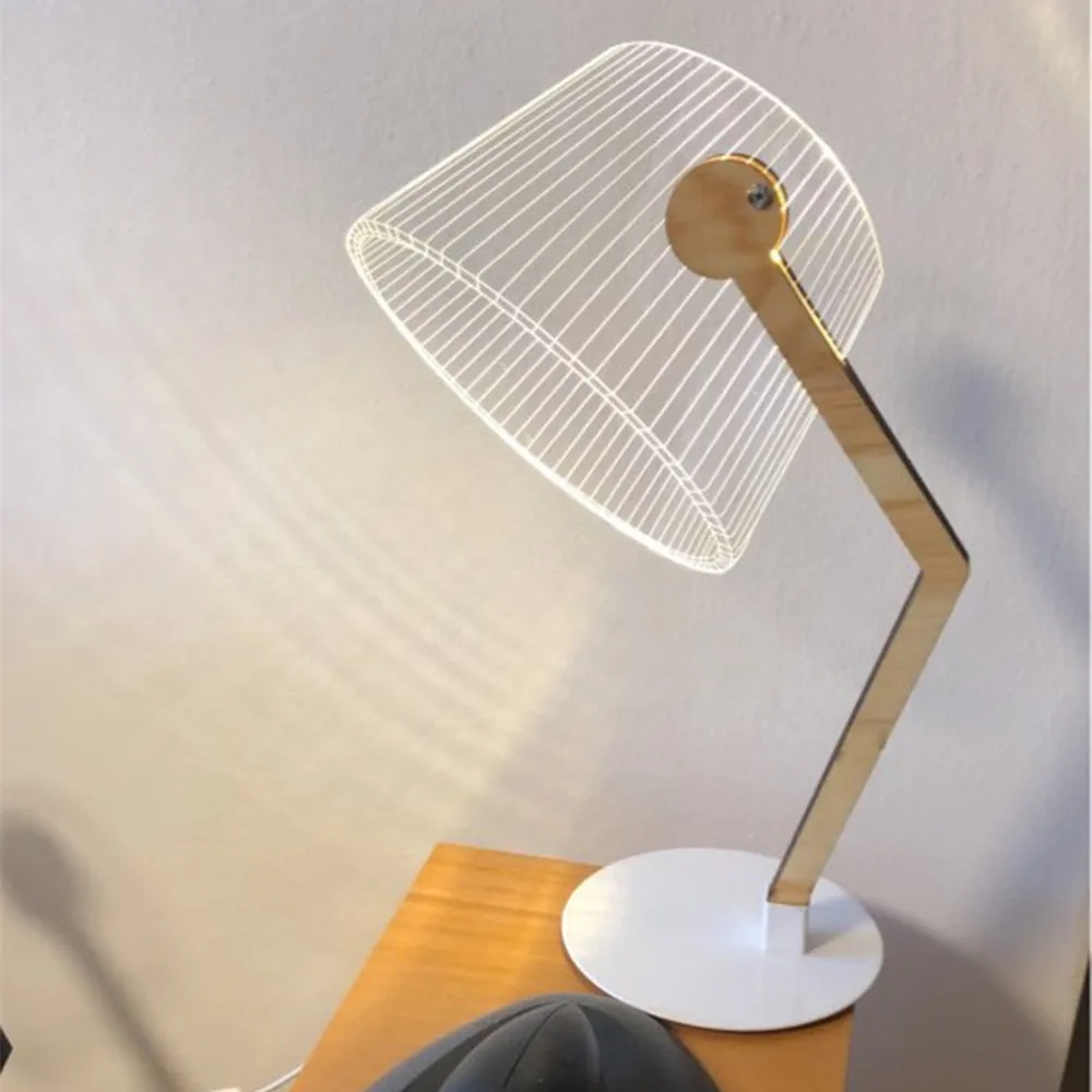  HZFCEW USB Power 3D Effect Stereo Vision LED Desk Lamp Wood Support Acrylic Lampshade LED Light Off