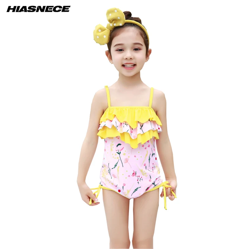 

Girl's one piece swimsuit floral printed sleeveless yellow falbala swimwear kid's baby swimming wear beach bathing suit 1-9 Year