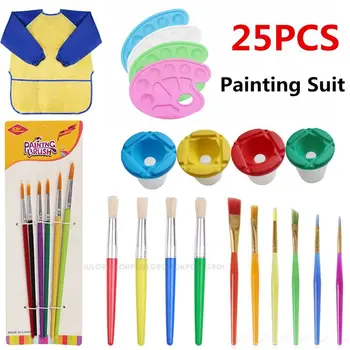 

25 Pcs Perfect Children's Painting Suit 4xPaint Cups 16xPaint Brushes 4xPaint Tray Palettes 1xArt Smocks Aprons for Watercolor A