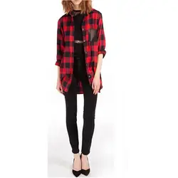 Новинка 2015 бренд женские классические черный, Красный Проверьте плед Карманы Блузка с длинным рукавом Повседневная рубашка плюс Размеры