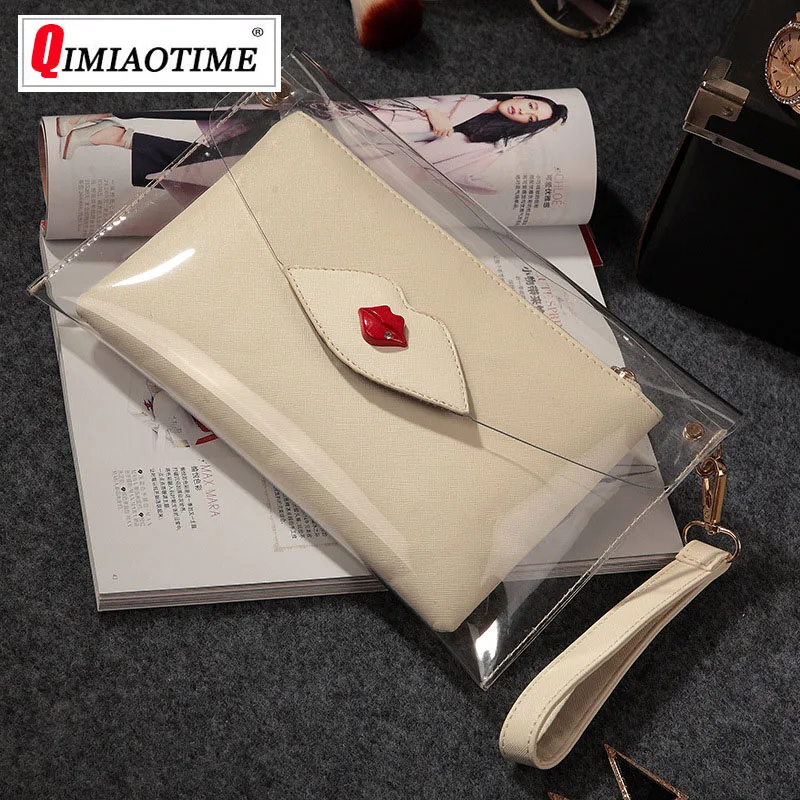 

2018 New High Quality PVC Woman's Bag Transparent Lip Hand Envelope Bag Composite Bag Ladies Chain Shoulder Messenger Bag