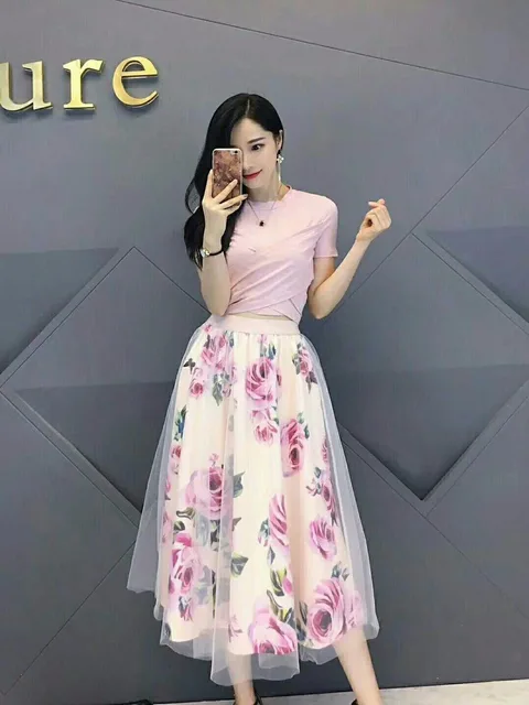 HIGH QUALITY Women Irregular T Shirt+Mesh Skirts Suits Bowknot Solid Tops Vintage Floral Skirt Sets Elegant Woman Two Piece Set 3