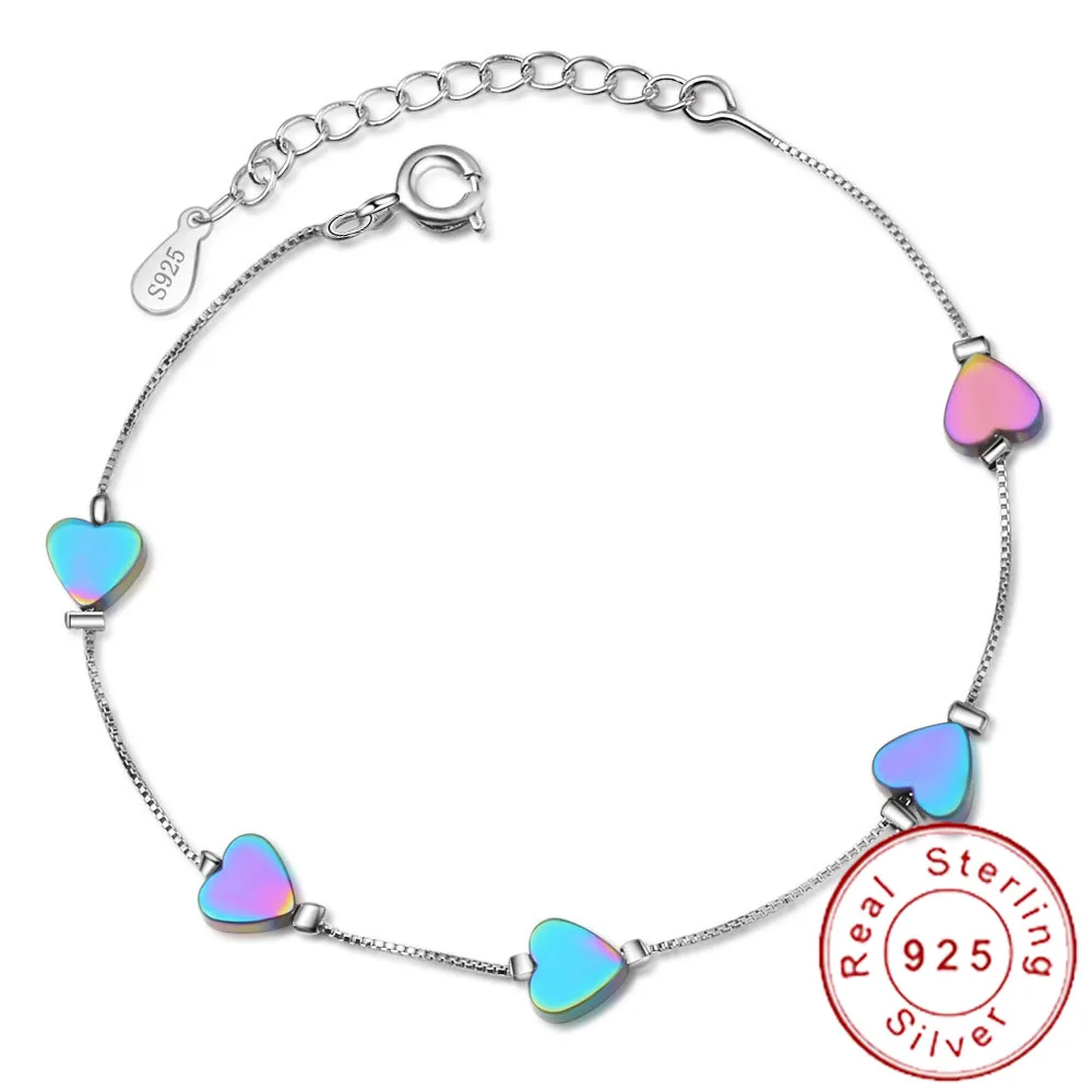 

2019 Minimalism Real Pure Sterling Silver 925 Heart Bracelet Femme Argent Colored Multi Color Braclet Girls Kids Gift SB010