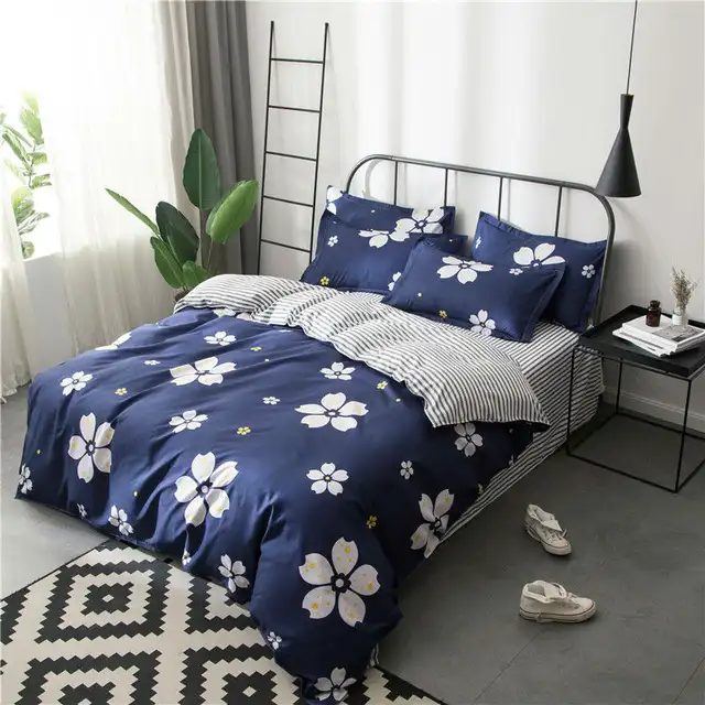 White Cherry Blossom Flowers Bedding Sets Girls Kids Teens Navy