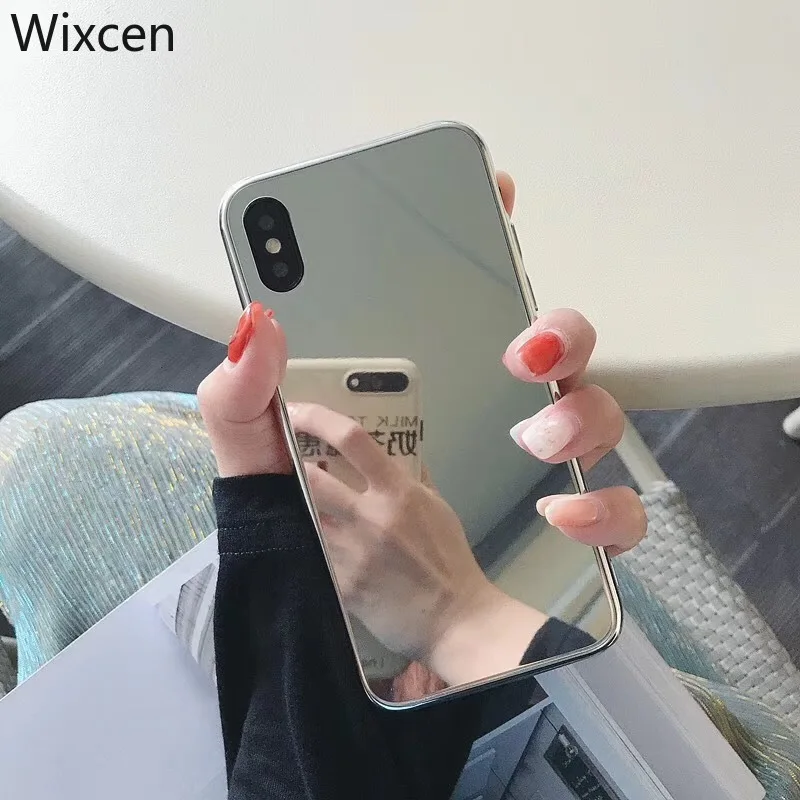 

Wixcen Luxury Silver Plating Mirror Phone Case Glitter Soft Edge Glass Case for IPhone 11 Pro Max X Xs Max 7 6 8 plus Back Cover