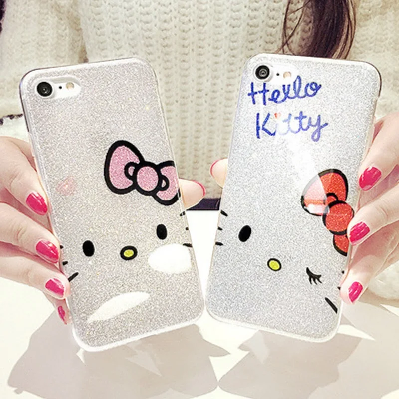 

Draw Original Cute Hello Kitty Bling Glitter edge Soft Phone Case for iPhone 7 6s Plus Shine Glitter Cute Back Cover iphone 8 X