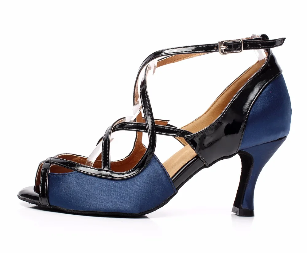 Женская обувь для латинских танцев, атласная Женская обувь для сальсы, танцевальная обувь на высоком каблуке 6 см, 7,5 см, 8 см, Синяя Женская танцевальная обувь для танго