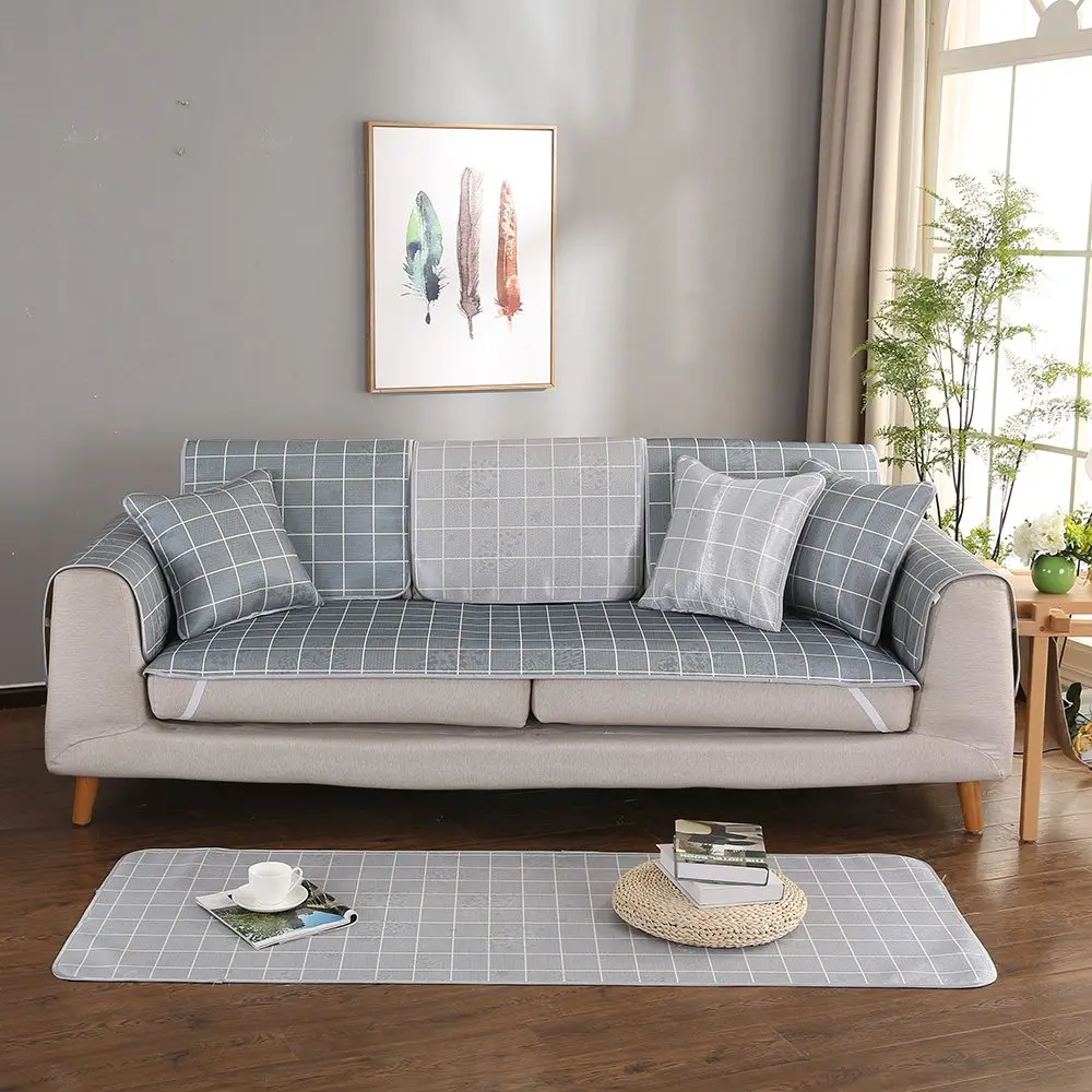Sofa Blanket Grid Pattern Summer Ice Silk Sofa Cover Furniture