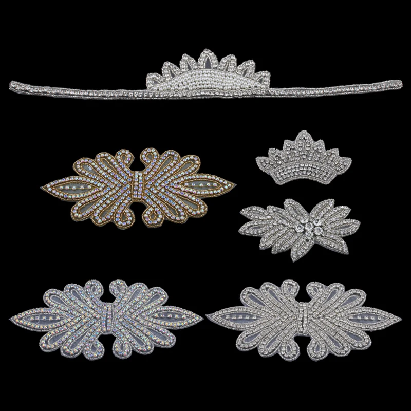 

6PC Handmade Bling Beaded AB Rhinestone Applique Sew On Manual Flatback Crystal Flower Cloth Applique for Kids Hair Accessories