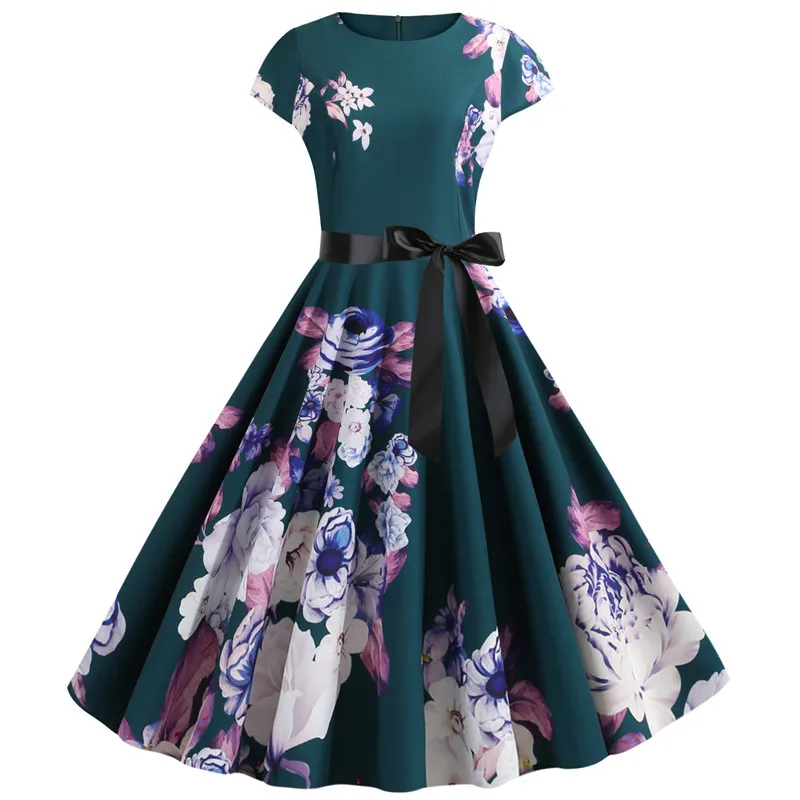 

2019 Summer Green Foral Print Vintage Women Dress Short Sleeve O-neck Robe Pinup Big Swing Knee-Length Rockabilly Dress A-Line