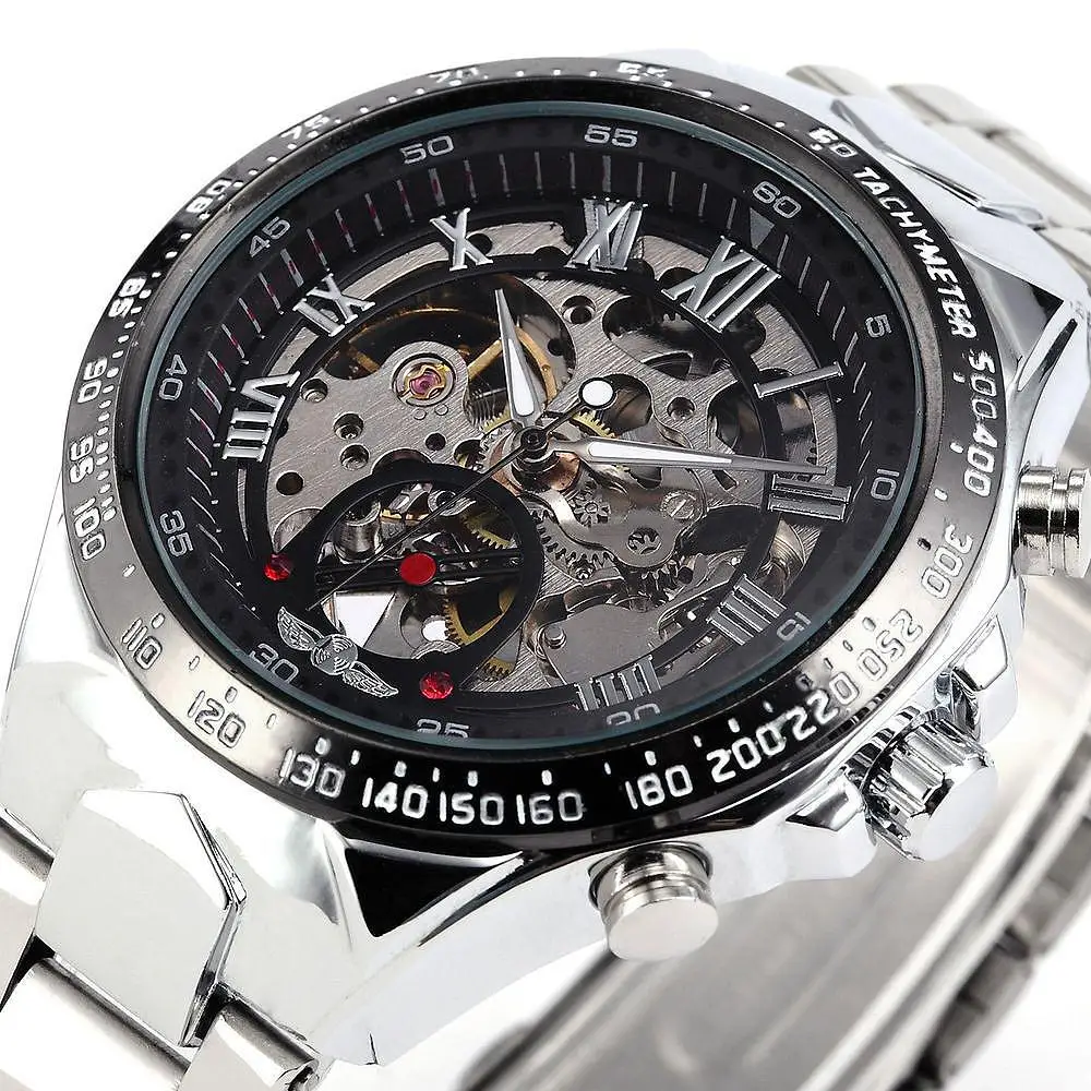 Prix pour Nouveau gagnant Relojes montres Top marque Mens classique en acier inoxydable auto vent squelette montre mécanique mode croix montre - bracelet Prix pour Nouveau gagnant Relojes montres Top marque Mens classique en acier inoxydable auto vent squelette montre mécanique mode croix montre - bracelet