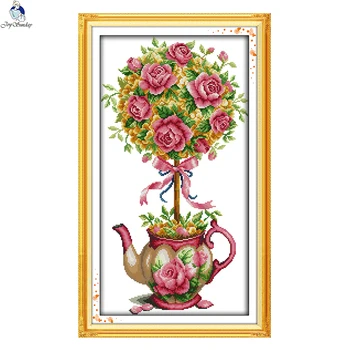 

JoySunday cross stitch kits needlework set The bouquet and teapot 14CT 11CT cotton painting gift art factory wholesale Deal