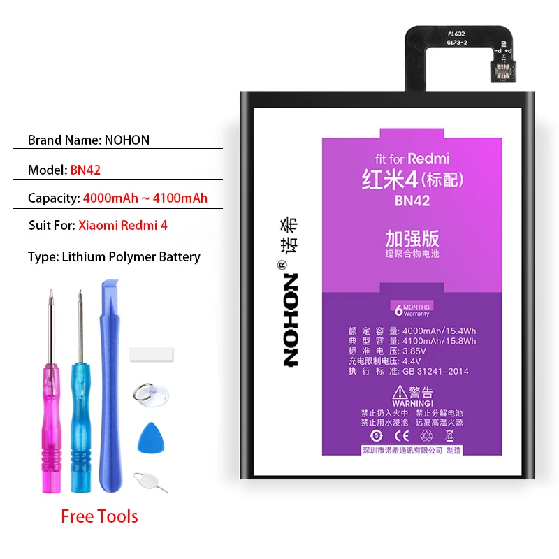 NOHON BM4A BM47 BN47 BN42 BN40 Батарея для Xiaomi Redmi 3 4 6 Pro 3S 3 S 4X аккумулятор Замена реального Ёмкость Мобильная батарея для телефона+ Инструменты - Цвет: BN42 For Redmi 4