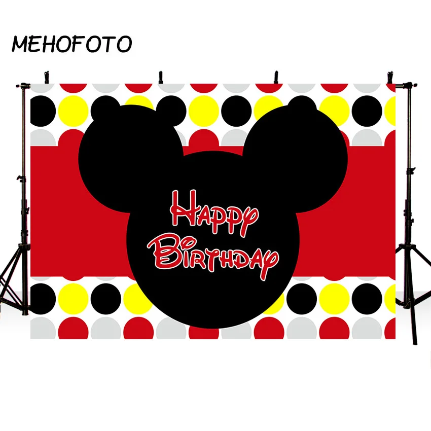 

Cartoon Mickey theme Photography Backdrop Red Yellow Black Silver Polka Dots Happy Birthday Party backdrop Studio Backgrounds