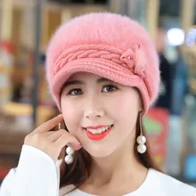 Женская шапка с добавлением шерсти для зимы, теплые наушники, вязаный берет с утиным язычком, MS зимняя шапка с искусственным кроличьим мехом, YMY006