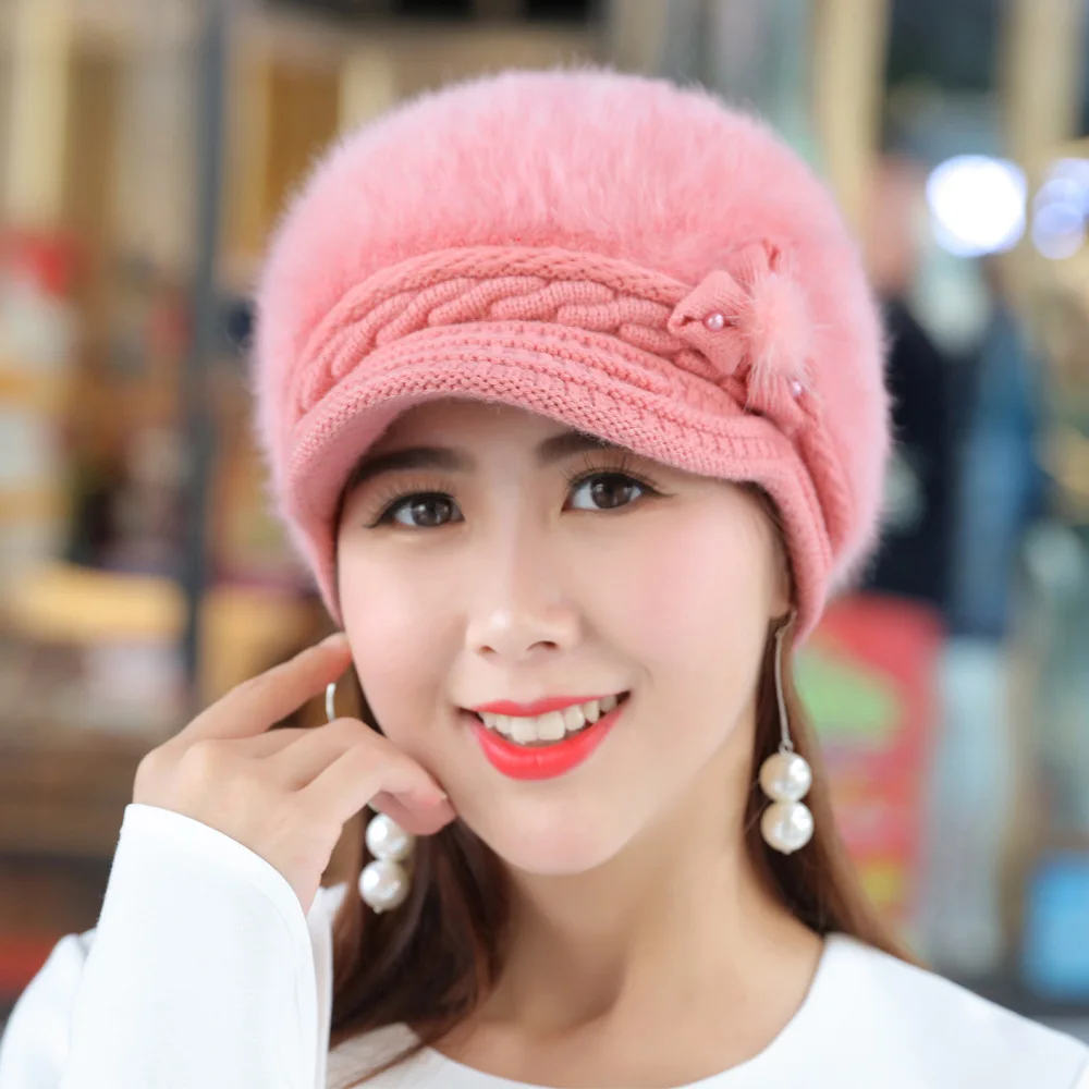 

Hat more female add wool in winter to keep warm earmuffs duck tongue knitting beret ms faux rabbit fur winter cap YMY006