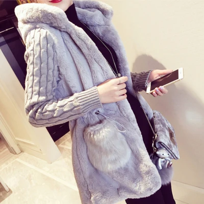 Модная женская зимняя куртка с капюшоном, свободная вязанная плюшевая куртка, зимняя теплая толстая верхняя одежда, пальто для девушек, повседневные пальто с карманами - Цвет: grey