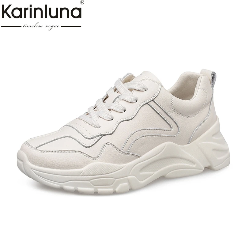 Karinluna INS حار نمط مكتنزة رياضية أحذية امرأة الدانتيل يصل عارضة الربيع الأبيض جلد طبيعي جلد البقر حذاء رياضة حذاء امرأة