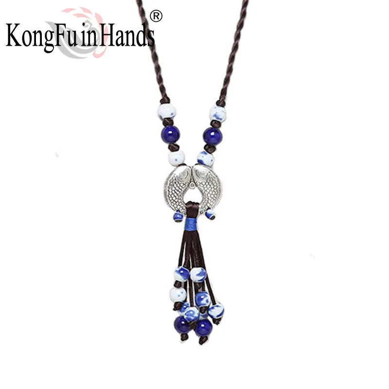 

Vintage ceramic and lovers fish long Necklace Sweater Color bead Necklace Pendant Ethnic Handmad jewelry for party free shipping
