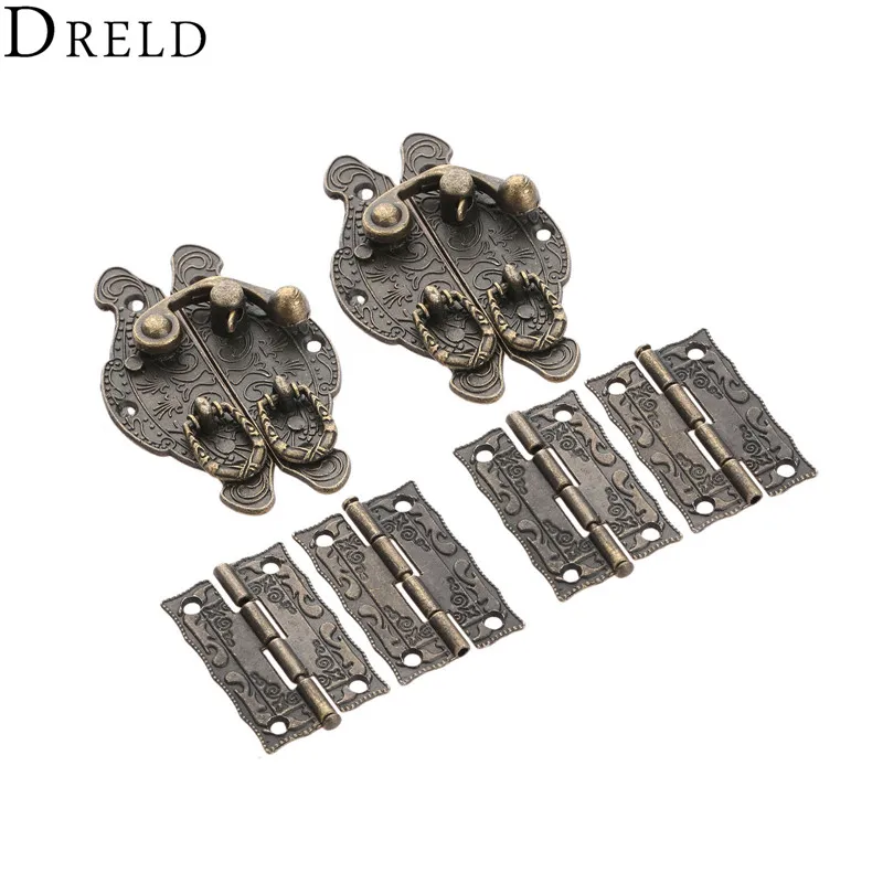 DRELD 4 قطع خزانة أثاث مفصلات + 2 قطع العتيقة برونزية مجوهرات خشبي مربع تبديل غلق بمشبك مزلاج المشبك خمر إكسسوارات الأجزاء الداخلية للكمبيوتر