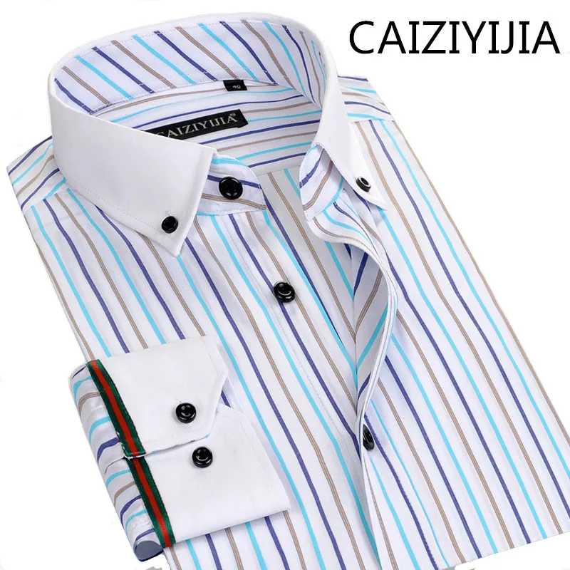 

CAIZIYIJIA Autumn&Spring Mens Silm fit Short Sleeve Bamboo Fiber Shirts Fashion Colors Striped Camisa Social Masculina