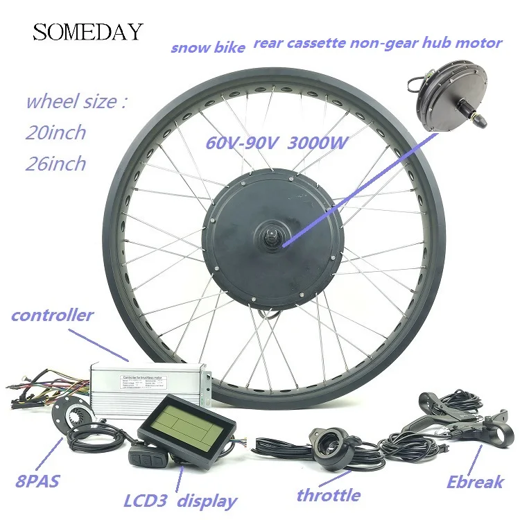 

Fat Electric bicycle conversion kit 60V-90V 3000W rear cassette brushless non-gear hub motor snow ebike wheel with LCD3 display