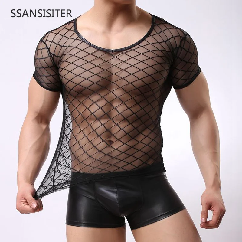 

Men Undershirts Sexy Mesh Transparent Tops Erotic Fishnet Shirts Black Underwear Short Sleeve Gay T Shirts Bottoming Camiseta XL