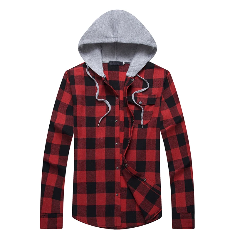 2018 New Red Black Plaid Hooded Men Shirt Long Sleeve loose Mens ...